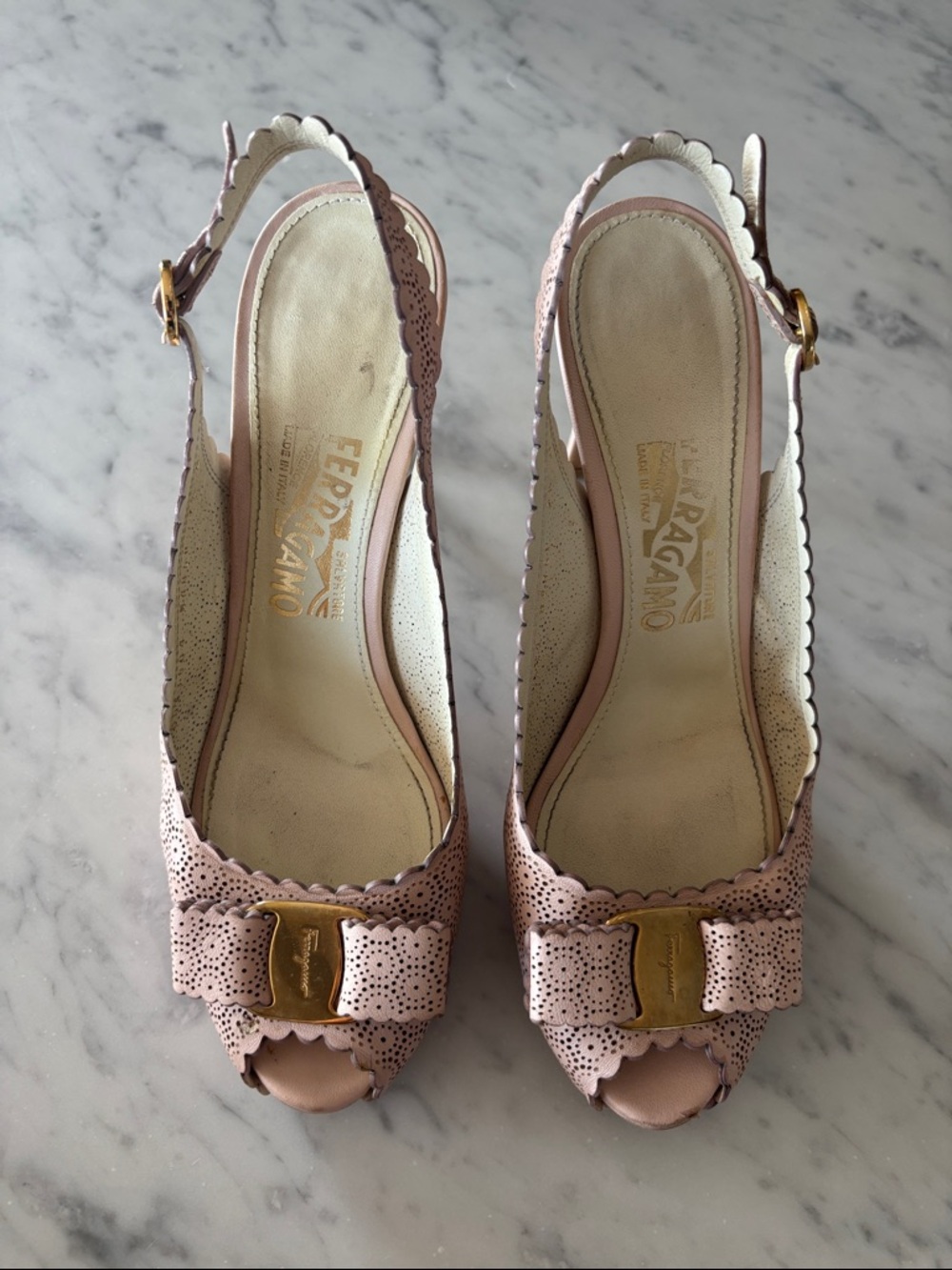 Salvatore Ferragamo Blush Pink Perforated Peep-Toe Bow Slingbacks